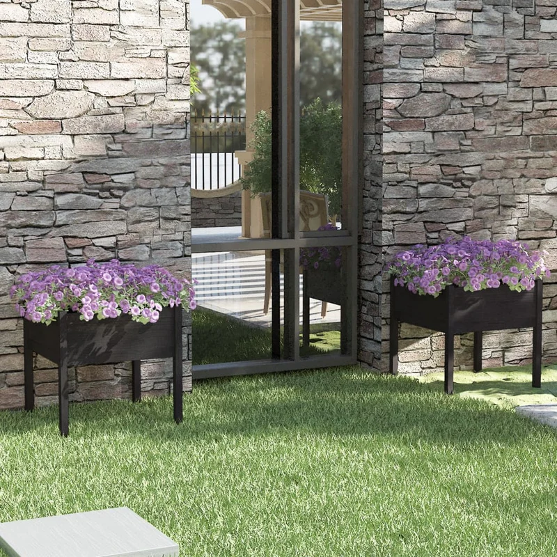 Jardineras 2 Uds Madera Maciza De Pino Negro 70x70x70 Cm