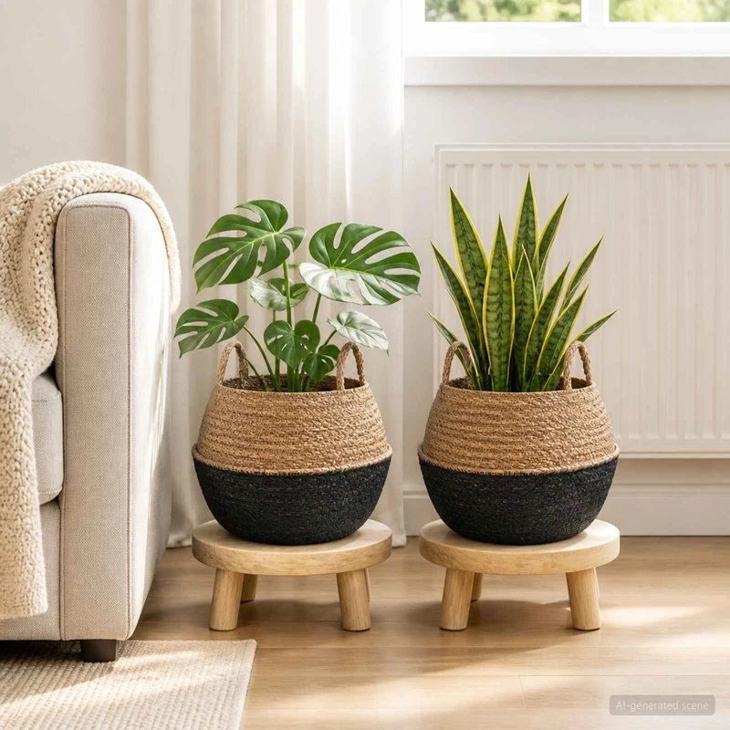 Maceta Con Asas 2 Uds. Negro Ø 45 X 36 Cm 100% Hierba Marina