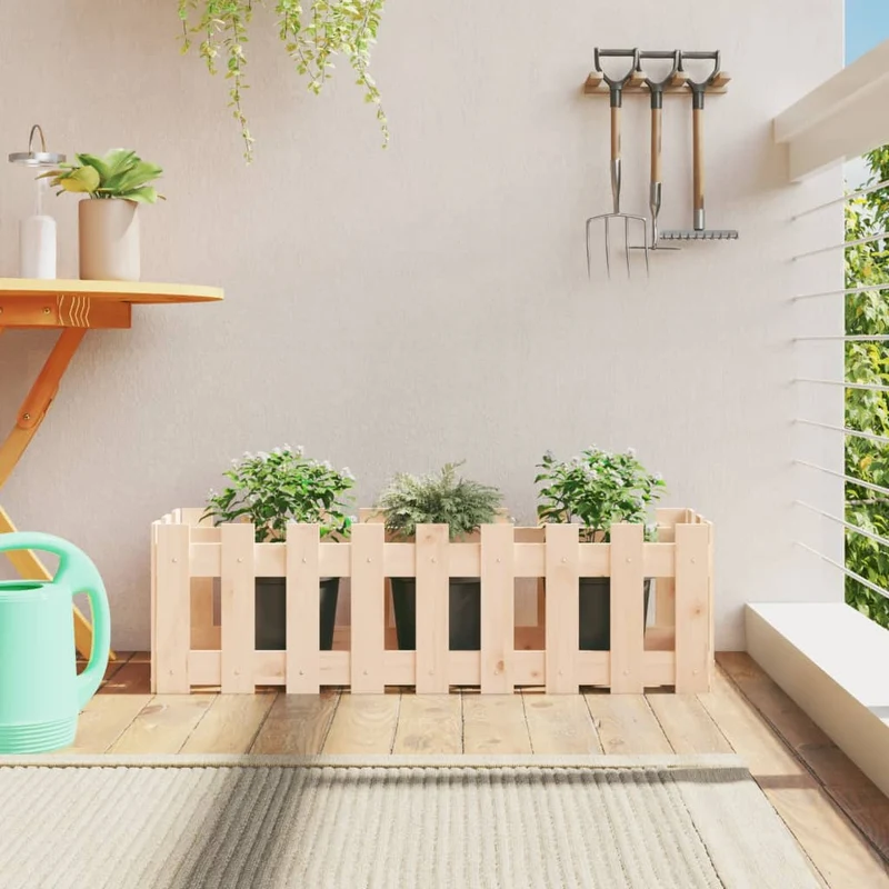 Arriate Elevado Jardín Con Valla Madera Maciza Pino 100x30x30cm