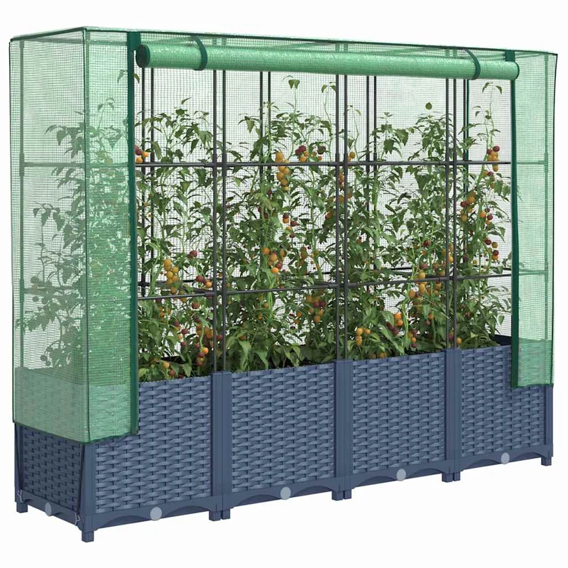 Jardinera Elevada Con Cubierta De Invernadero Aspecto Ratán 160x40x138 Cm