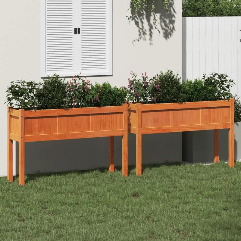 Jardineras Con Patas 2 Uds Madera Maciza De Pino Marrón Cera