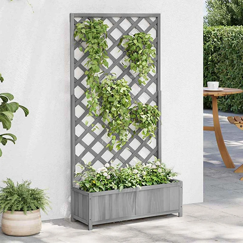 Jardinera Con Enrejado Gris 90x35x180 Cm Madera Maciza De Abeto