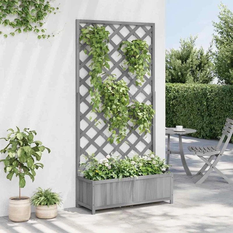 Jardinera Con Enrejado Gris 90x35x180 Cm Madera Maciza De Abeto
