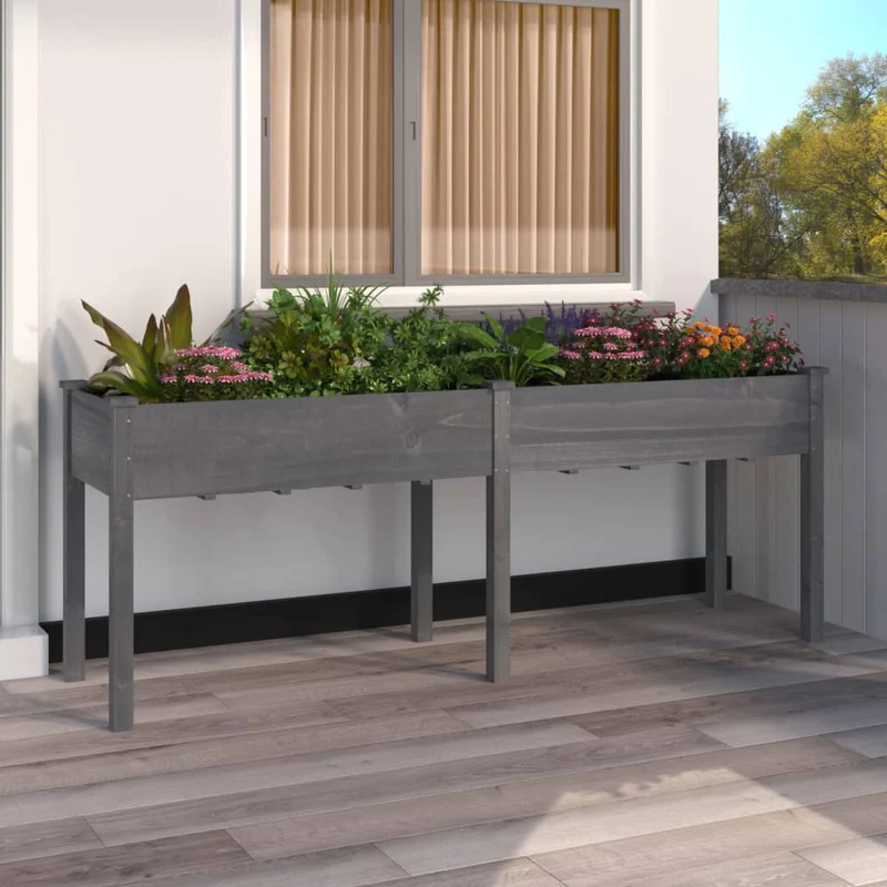 Jardinera Con Forro Madera Maciza De Abeto Gris 203x53x76 Cm